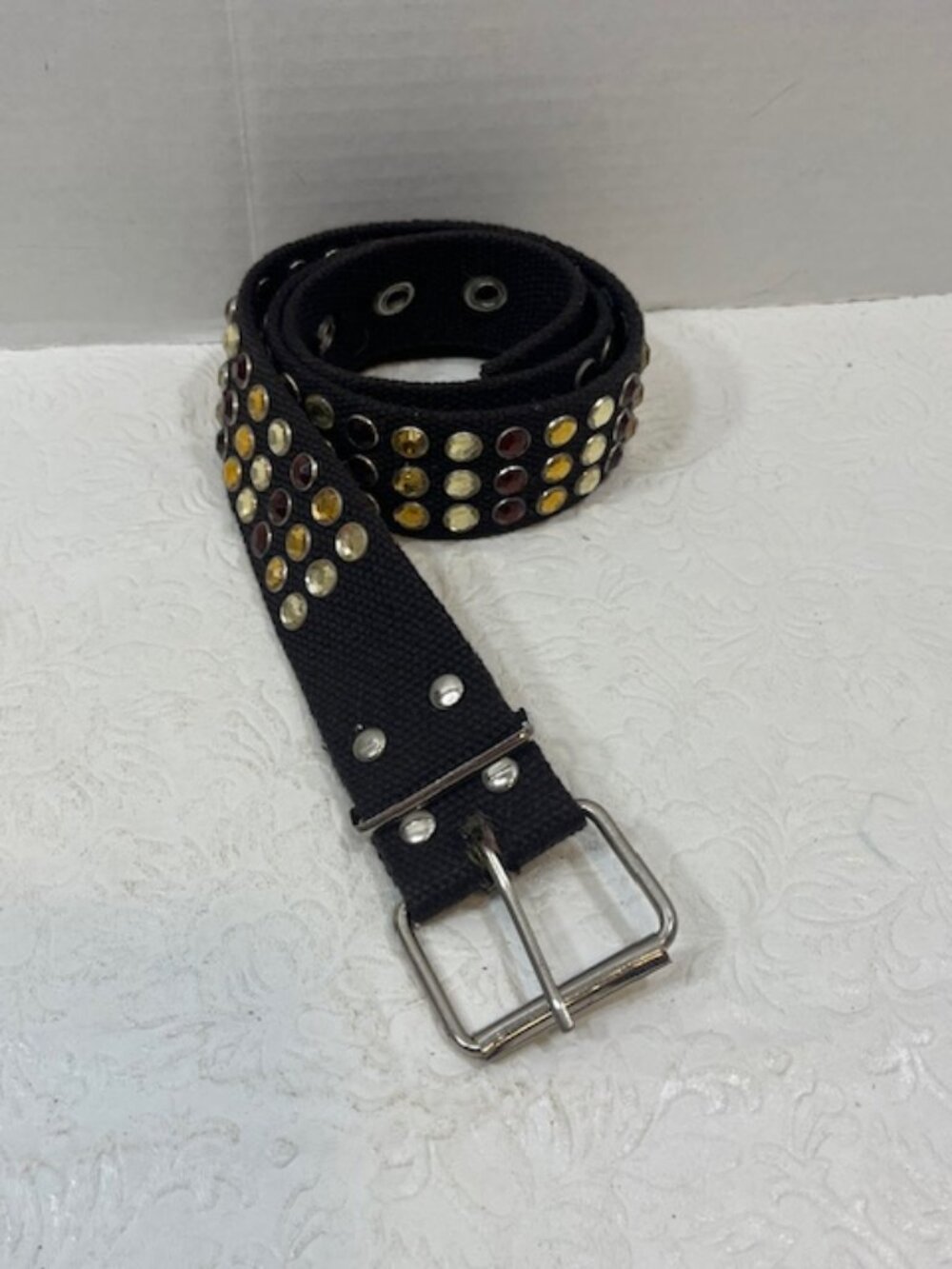 VTG Brown Cotton Canvas Belt Multi-Colored Studs Metal Buckle Single Prong 28"